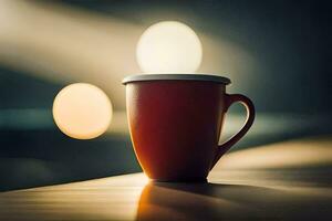 une rouge café tasse est assis sur une table dans de face de une floue Contexte. généré par ai photo