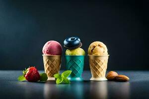 Trois la glace crème cônes avec différent les saveurs. généré par ai photo