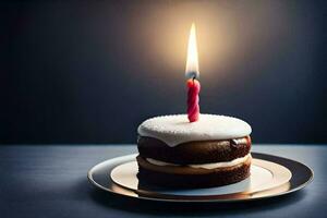 une petit gâteau avec une Célibataire bougie sur Haut. généré par ai photo