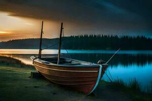 une bateau est assis sur le rive de une Lac à le coucher du soleil. généré par ai photo