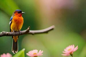 une coloré oiseau est assis sur une branche avec rose fleurs. généré par ai photo