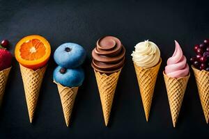 différent les types de la glace crème dans cônes sur une noir Contexte. généré par ai photo