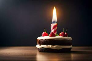 une petit anniversaire gâteau avec une Célibataire bougie. généré par ai photo