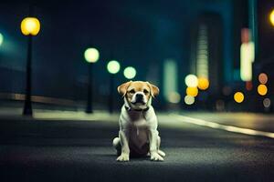 une chien séance sur le rue à nuit. généré par ai photo