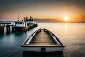 une bateau amarré à le fin de une jetée à le coucher du soleil. généré par ai photo