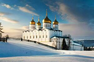 le russe orthodoxe cathédrale dans le neige. généré par ai photo