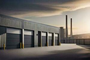 une grand entrepôt avec Trois garage des portes. généré par ai photo
