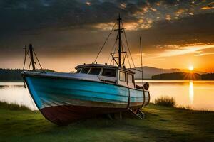 une bateau est assis sur le rive à le coucher du soleil. généré par ai photo