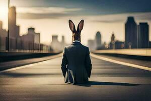 une lapin dans une costume séance sur le route. généré par ai photo