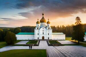 le russe orthodoxe cathédrale dans le milieu de une forêt. généré par ai photo