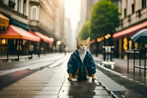 une chat dans une veste séance sur le trottoir. généré par ai photo