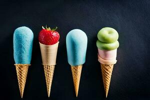 quatre la glace crème cônes avec différent coloré la glace crème. généré par ai photo