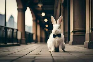 une blanc lapin portant une arc attacher séance sur une trottoir. généré par ai photo