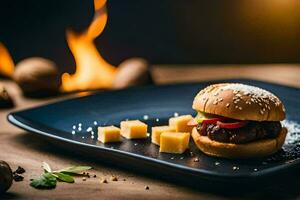 une Hamburger sur une assiette avec fromage et autre ingrédients. généré par ai photo