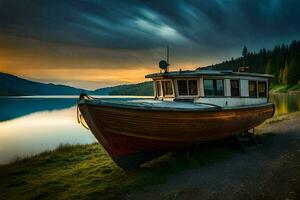 une bateau est assis sur le rive de une Lac à le coucher du soleil. généré par ai photo