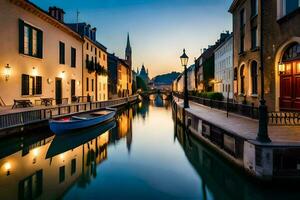 une canal dans le milieu de une ville à crépuscule. généré par ai photo