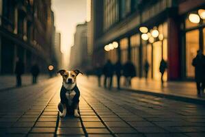 une chien séance sur le rue dans une ville. généré par ai photo