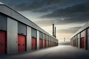 une longue rangée de rouge et gris des portes dans un industriel zone. généré par ai photo
