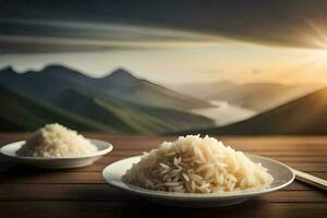 le riz est servi sur une en bois table avec baguettes et une bol de l'eau. généré par ai photo