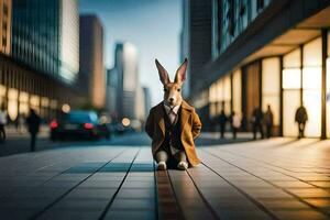 une lapin portant une manteau et attacher séance sur le trottoir. généré par ai photo