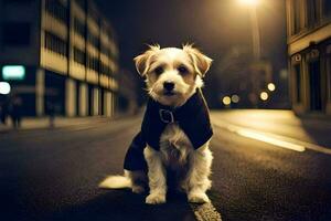 une chien dans une manteau séance sur le rue à nuit. généré par ai photo