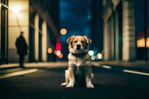 une chien séance sur le rue à nuit. généré par ai photo