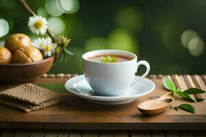 une tasse de thé sur une en bois tableau. généré par ai photo