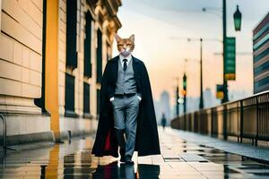 une chat habillé comme une homme dans une costume et cravate. généré par ai photo