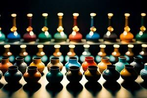 une rangée de coloré des vases sur une tableau. généré par ai photo