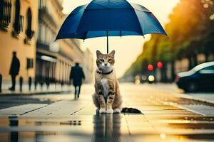 une chat séance en dessous de un parapluie sur une pluvieux journée. généré par ai photo