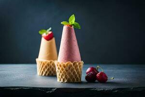 deux la glace crème cônes avec des fraises et cerises. généré par ai photo