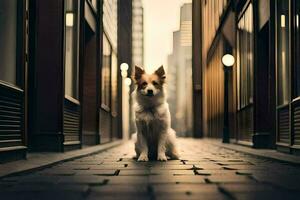 une chien séance sur le rue dans un ruelle. généré par ai photo