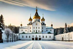 une blanc église avec or dômes dans le neige. généré par ai photo