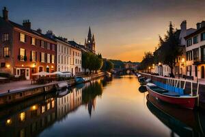 une canal dans bruges, Belgique à le coucher du soleil. généré par ai photo