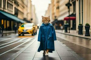 une chat dans une bleu manteau en marchant vers le bas une rue. généré par ai photo