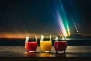 Trois des lunettes de jus avec une arc en ciel lumière dans le Contexte. généré par ai photo