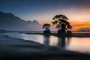 une rivière à le coucher du soleil avec des arbres et montagnes dans le Contexte. généré par ai photo