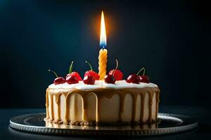 une anniversaire gâteau avec Cerise sur Haut et une allumé bougie. généré par ai photo