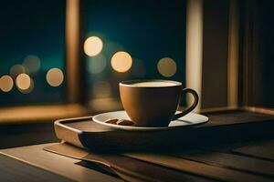 café tasse sur une plateau avec une vue de le ville. généré par ai photo