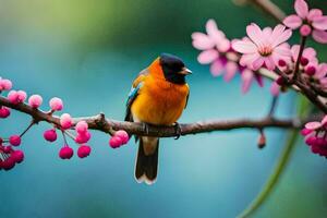 une coloré oiseau est assis sur une branche avec rose fleurs. généré par ai photo