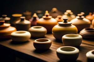 une collection de poterie des vases sur une tableau. généré par ai photo