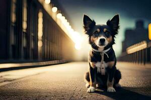 une chien séance sur le rue à nuit. généré par ai photo