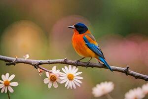 une coloré oiseau est assis sur une branche avec fleurs. généré par ai photo