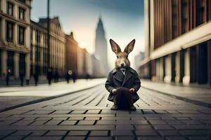 une lapin dans une costume est assis sur le sol dans une ville. généré par ai photo