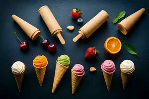 la glace crème cônes avec fruit et des noisettes sur une foncé Contexte. généré par ai photo