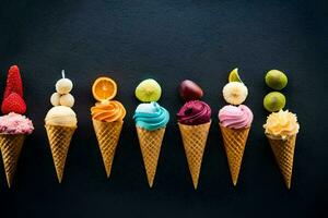 différent coloré la glace crème cônes doublé en haut sur une noir Contexte. généré par ai photo