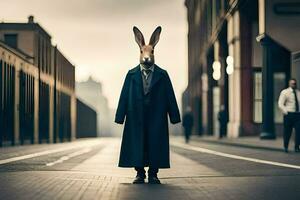 une lapin portant une manteau et attacher permanent dans le milieu de une ville rue. généré par ai photo