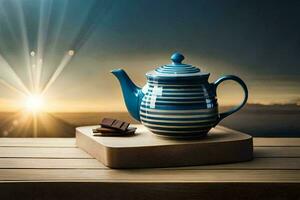 une bleu et blanc théière sur une en bois table avec une le coucher du soleil dans le Contexte. généré par ai photo