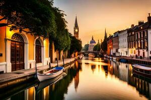 une canal dans une ville à le coucher du soleil avec bateaux. généré par ai photo