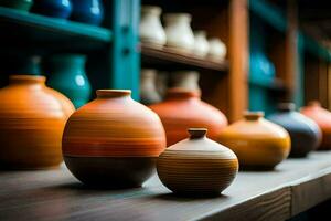 une rangée de coloré des vases sur une en bois tableau. généré par ai photo